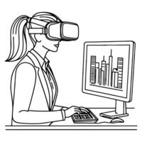 single continuous drawing black line art linear woman in office using virtual reality headset simulator glasses with computer doodle style sketch vector