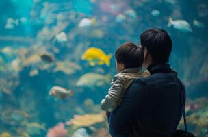 AI generated Father and child at aquarium photo