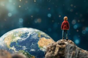 AI generated Child figurine observing the earth photo