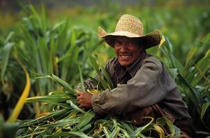 AI generated Peruvian farmer in cornfield photo