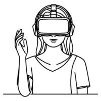 single continuous drawing black line art linear girl using virtual reality headset simulator glasses to learn new technology vector