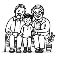 continuo uno negro línea Arte dibujo contento familia padre y madre con niño garabatos estilo vector ilustración en blanco