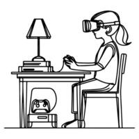 single continuous drawing black line art linear girl using virtual reality headset simulator glasses to learn new technology vector