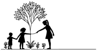 continuo uno negro línea Arte dibujo silueta de niños plantando árbol. pala alojamiento raíces planta dentro suelo a salvar el mundo y tierra día reducir global calentamiento crecimiento vector
