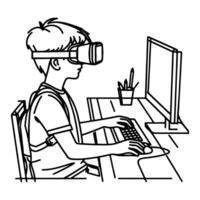 single continuous drawing black line art linear boy using virtual reality headset simulator glasses to learn new technology vector