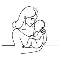 Continuous one black line art drawing parents with newborn baby doodles outline style vector illustration on white background