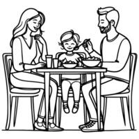 Continuous one black line art drawing happy family father and mother with child. having dinner sitting at table doodles style vector illustration on white background