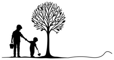 continuo uno negro línea Arte dibujo silueta de niños plantando árbol. pala alojamiento raíces planta dentro suelo a salvar el mundo y tierra día reducir global calentamiento crecimiento vector