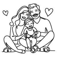 continuo uno negro línea Arte dibujo contento familia padre y madre con niño garabatos estilo vector ilustración en blanco