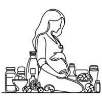 single continuous black line art drawing linear art medicine health care pregnancy healthy with pregnant food doodle vector illustration