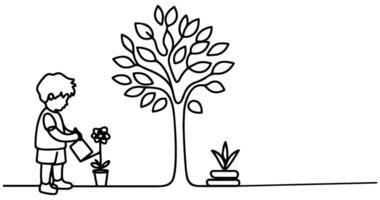 continuo uno negro línea Arte dibujo silueta de niños riego un árbol. plantando árbol a salvar el mundo y tierra día reducir global calentamiento crecimiento concepto vector ilustración en blanco antecedentes