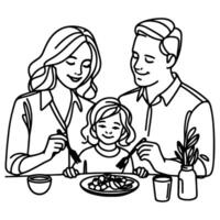 Continuous one black line art drawing happy family father and mother with child. having dinner sitting at table doodles style vector illustration on white background