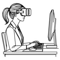 single continuous drawing black line art linear woman in office using virtual reality headset simulator glasses with computer doodle style sketch vector