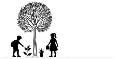 Continuous one black line art drawing Silhouette of children planting tree. Shovel digs roots plant into ground to save the world and earth day reduce global warming growth vector