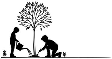 continuo uno negro línea Arte dibujo silueta de niños riego un árbol. plantando árbol a salvar el mundo y tierra día reducir global calentamiento crecimiento concepto vector ilustración en blanco antecedentes