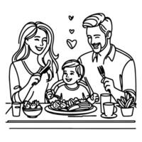 Continuous one black line art drawing happy family father and mother with child. having dinner sitting at table doodles style vector illustration on white background