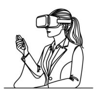 single continuous drawing black line art linear woman in office using virtual reality headset simulator glasses with computer doodle style sketch vector