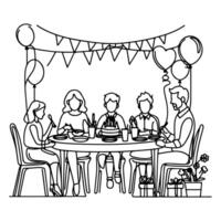 single continuous drawing black line family dinner sitting at table to celebration anniversary birthday party doodles vector