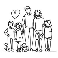 Continuous one black line art drawing happy family father and mother with child doodles style vector illustration on white