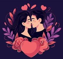 Vector illustration of Valentine's Day, beautiful guy and girl hugging, kissing, love, hearts, on a background of flowers. Holiday concept on dark background