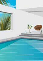 Vector illustration landscape palm tree interior of a villa with a swimming pool for a holiday on an island in the tropics of Bali