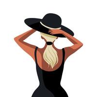 Vector illustration of a girl on vacation in a black hat back view on a white background