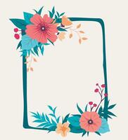 Vector design frame banner with spring summer flowers. Postcard for the spring season with a frame of flowers and plants. Promotion with decoration of spring plants, leaves and flowers