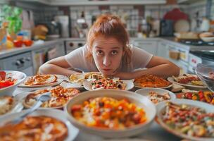 AI generated Exhausted woman with feast photo