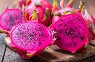 AI generated Dragon fruit on wooden board photo