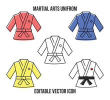 A martial arts uniform line art icon with strokes and fill. Vector illustration of Taekwondo uniform set. Minimalist flat web icons. Karate, kimono concept.