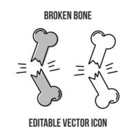Broken bone vector icon. Line art, minimalist, flat and hand-drawn icon design set with strokes and colors. Cracked bone concept