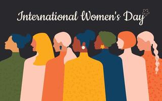 Postcard for International Women's Day, in which women of different nationalities stand together on a black horizontal background. Vector. vector