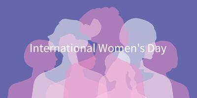 International Women's Day. Women of different ages, nationalities and religions come together. Horizontal purple poster with transparent silhouettes of women.  Vector