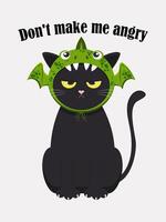 A funny black cute cat is angry because they put a green dragon hat on him for a festive mood. Text Don't make me angry. Vector. vector