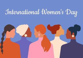 International Women's Day. Women of different ages, nationalities and religions come together. Horizontal blue poster. Vector. vector