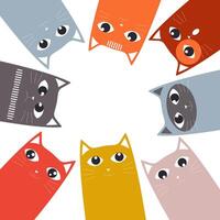 Various emotions of fancy cute cats of different colors sit in a circle on a white background. Vector. vector