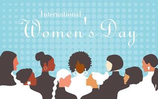 International Women's Day. Crowd of modern women of different nationalities and religions in flat design style. Horizontal blue retro poster. Vector. vector
