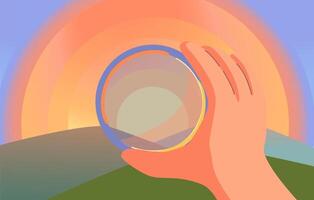 a hand holds a lens for a camera lens against the backdrop of a beautiful sunset in the mountains. photography concept vector