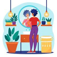 Young woman standing in front of a mirror in cozy bathroom vector flat illustration. Daily morning routine lifestyle vector illustration