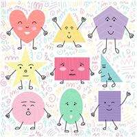 Hand drawn cartoon basic geometric shapes faces vector set. Cute different geometric shapes with funny faces and eyes cartoon style