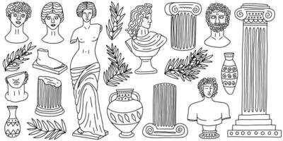 Vector set of Greek marble statues in sketch style.  Hand drawn  vector Greek ancient sculpture set