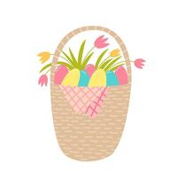 Cute spring basket with eggs and field flowers vector flat illustration. Easter basket symbol