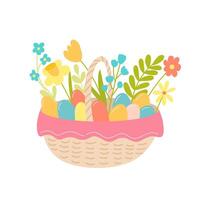 Easter basket with pink decor flowers and eggs vector flat style