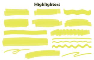 Highlighter collection, brush lines, isolated in white background. Marker yellow set, brush pen hand drawn underline. Vector highlighter graphic stylish element. Watercolor hand drawn highlight set.