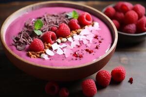 AI generated Delicious Raspberry smoothie bowl. Generate AI photo