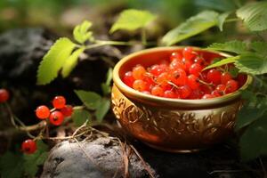 AI generated Vibrant Red cloudberry with leaves in bowl. Generate ai photo