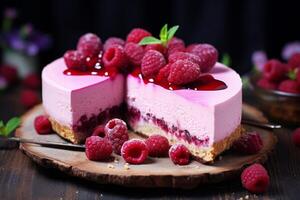 AI generated Sweet Raspberry cheesecake slice. Generate Ai photo