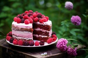 AI generated Decadent Raspberry cake in garden. Generate Ai photo