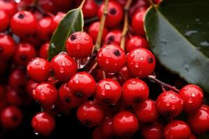 ai generado brillante rojo acebo bayas rama con verde hojas. generar ai foto