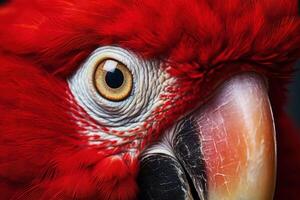 AI generated Vibrant Red parrot head closeup. Generate Ai photo